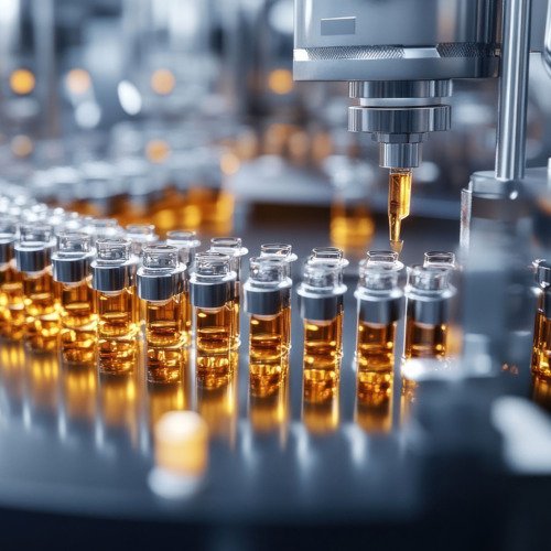 pharmaceutical production line with a robotic arm filling vials